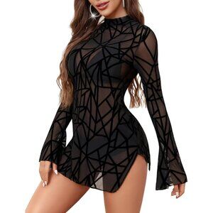 Women Black Pattern Bell Sleeves Bodycon Neck Split Party Dress